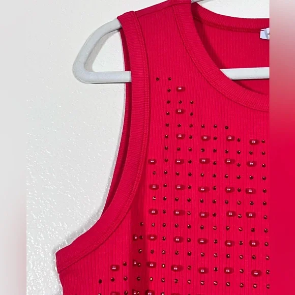 Red bodycon gem and pearl studded tank top, size 3X - Picture 3 of 6